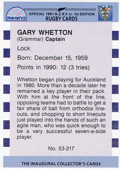 1991 Regina NZRFU 1st Edition #53 Gary Whetton Back